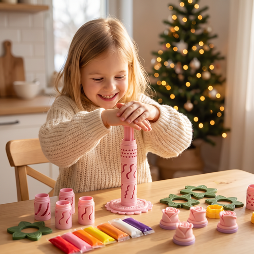 Dziewczynka robi kwiatki w zestawie Bloomka przy świątecznym stole
